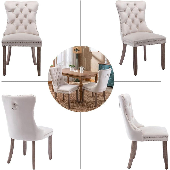 Beige Velvet Dining Chairs Set of 6, Upholstered Dining Room Chairs with Back Ring Pull Trim and Solid Wood Legs, Tufted Wingback Kitchen Chairs for Dining Room,Living Room,Kitchen(Beige)