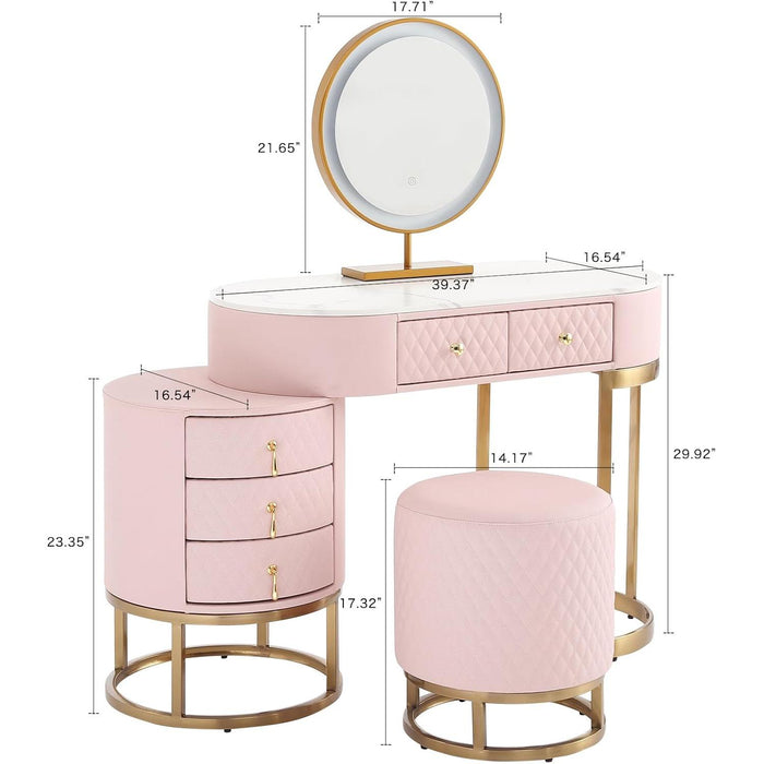 Faux Leather Makeup Vanity Desk Set with LED Lighted Mirror Luxury Dressing Makeup Table with Storage Drawers & Vanity Stool, Pink