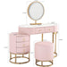 Faux Leather Makeup Vanity Desk Set with LED Lighted Mirror Luxury Dressing Makeup Table with Storage Drawers & Vanity Stool, Pink