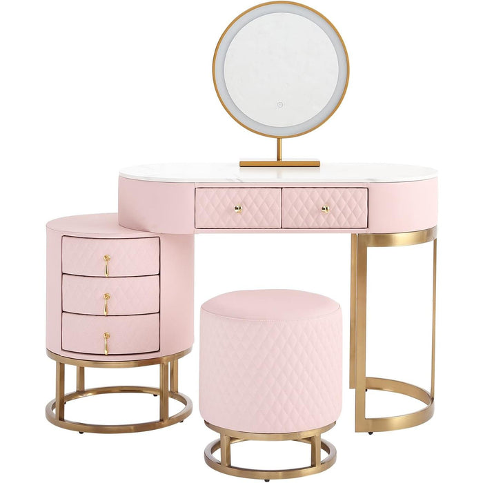 Faux Leather Makeup Vanity Desk Set with LED Lighted Mirror Luxury Dressing Makeup Table with Storage Drawers & Vanity Stool, Pink