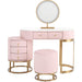 Faux Leather Makeup Vanity Desk Set with LED Lighted Mirror Luxury Dressing Makeup Table with Storage Drawers & Vanity Stool, Pink