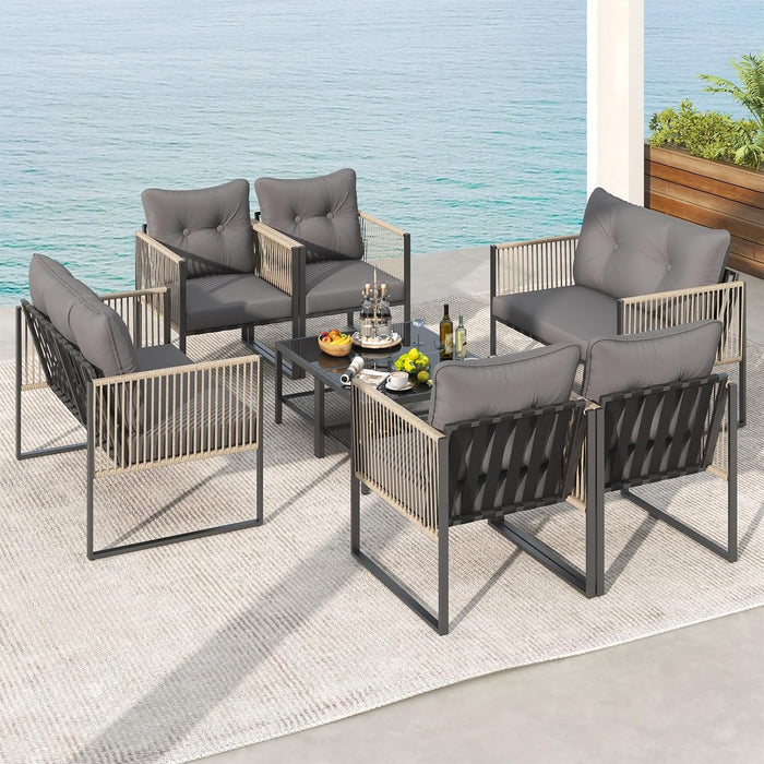 8 Pieces Patio Furniture Set, Outdoor PE Rattan Conversation Sofa Set with Thick Cushions and 2-Tier Tempered Glass Coffee Table for Garden, Porch, Balcony and Backyard