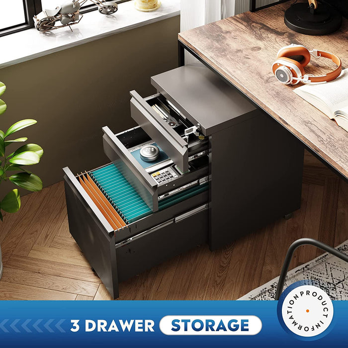 Black Mobile Filing Cabinet with Lock & Drawers