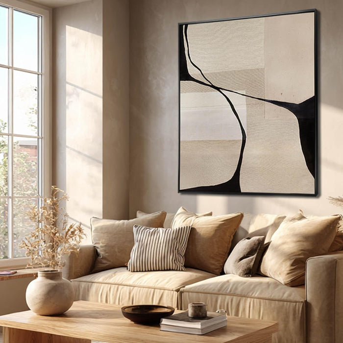 Black & Beige Canvas Wall Art, Hand-Painted Abstract Oil Painting, Framed, Textured, Ready to Hang, Modern Decor for Living Room Bedroom 36X48 Inch