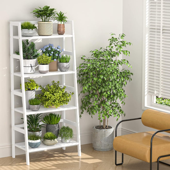 Ladder Shelf, 4-Tier Bamboo Ladder Bookshelf, 49.2” White Book Shelf, Open Bookcase Freestanding Plant Stand for Small Space, Bathroom, Living Room, Bedroom, Home Office