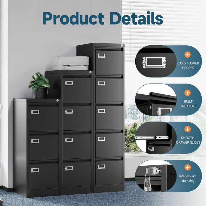 5 Drawer File Cabinet, Black Vertical Filing Cabinets with Lock, Home Office File Folders Storage Cabinet for Letter Legal File Size.