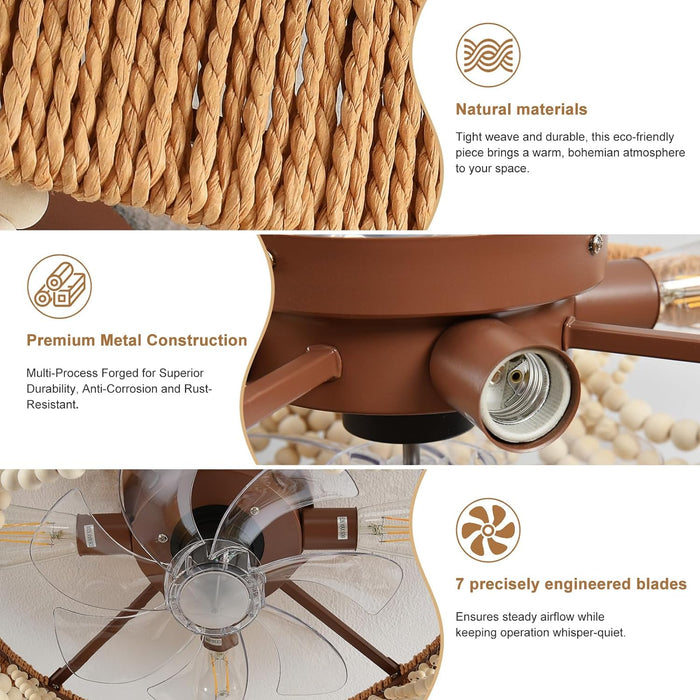 Boho Ceiling Fans with Lights: 20 Inch Wood Beaded Flush Mount Fandelier with Remote and Timer Control - Elegant Vintage Caged Ceiling Fan - Indoor Quiet 6 Speeds for Bedroom, Living Room