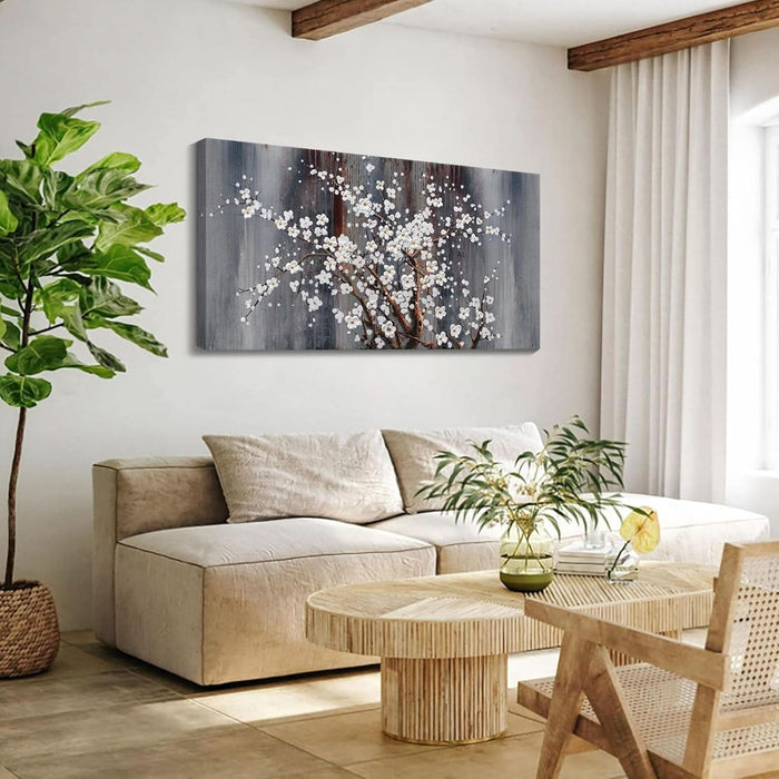 Wall Art for Living Room Large Modern Wall Decor Canvas Paintings for Wall Decorations White Flower Brown Bedroom Office Artwork Plum Blossom Art Prints Framed