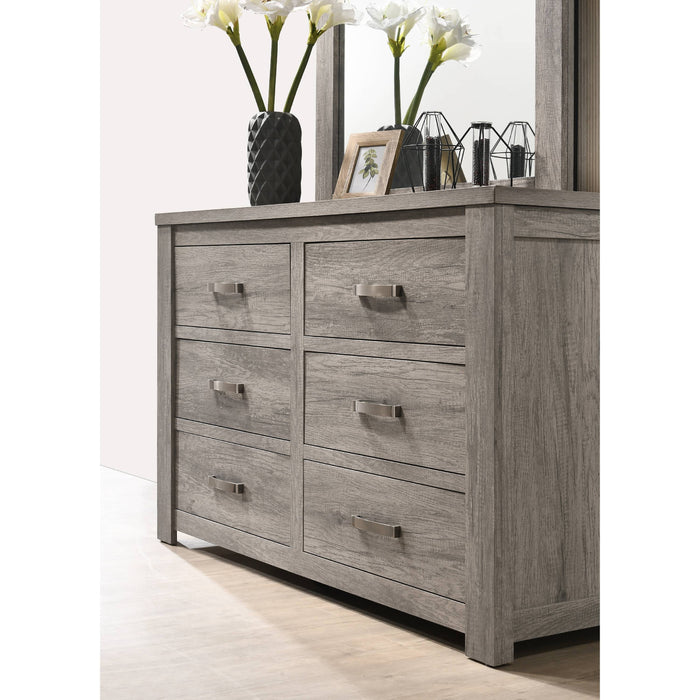 Floren Contemporary Weathered Gray Wood Bedroom Set, Queen Panel Bed, Dresser, Mirror, Two Nightstands, Chest