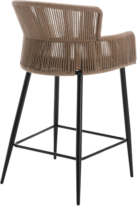 Farmhouse Woven Bar Stools Set of 3, 26 Inch Linen Upholstered Rattan Barstools with Curved Backs, Modern Cane Counter Height Bar Chairs with Metal Legs and Armrest for Kitchen Island, Beige