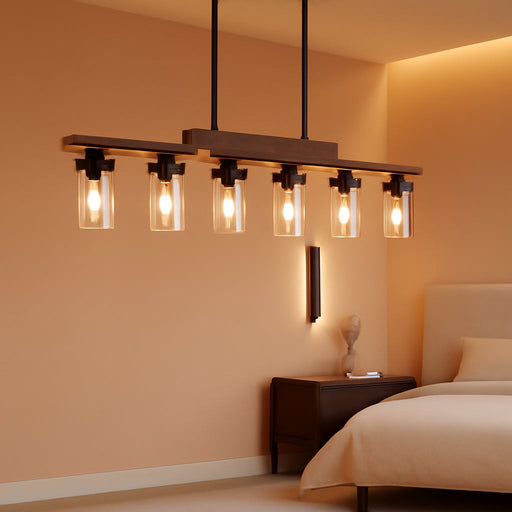Farmhouse Chandelier 6-Light Dining Room Light Fixture over Table Kitchen Island Lighting Rustic Chandeliers for Dining Light with Glass Shade Wood Pendant Lights Kitchen Island