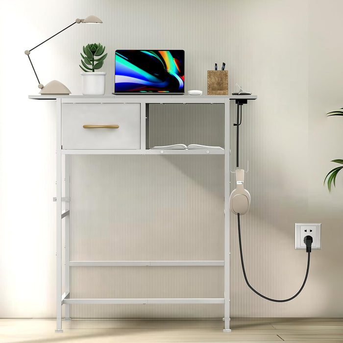 Makeup Desk with Charging Station, Small Vanity Table with Drawer & Metal Hook for Bedroom, Dorm Room, Writing Desk No Mirror, Compact Storage Organizer, White.