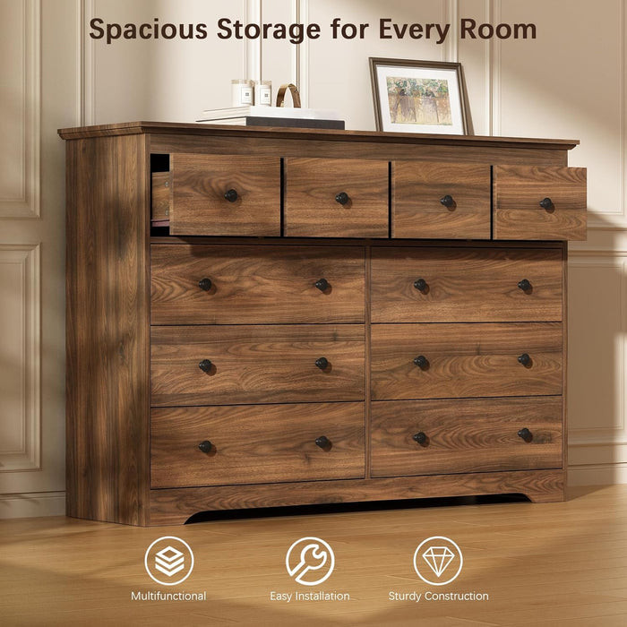 Modern 10 Drawer Dresser, 55.1" Wide Dressers & Chests of Drawers with Large Capacity Storage, Wood Mid Century Storage Dressers Organizer for Bedroom, Entryway, Brown