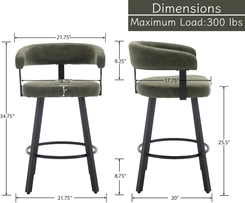 Modern Green Counter Height Bar Stools Set of 4 Leather Barstools with Backs/Metal Legs/Footrest Upholstered Counter Stools Comfy Bar Chairs for Dining Room/Home Bar/Kitchen Island/Pub,25 Inch