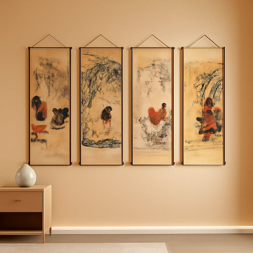 Large 4 Panel Rooster Wall Decor Art Painting, Vintage Farmhouse Cottage Chicken Animal Scroll, Rustic Style Paper for Country Home (Cottage)