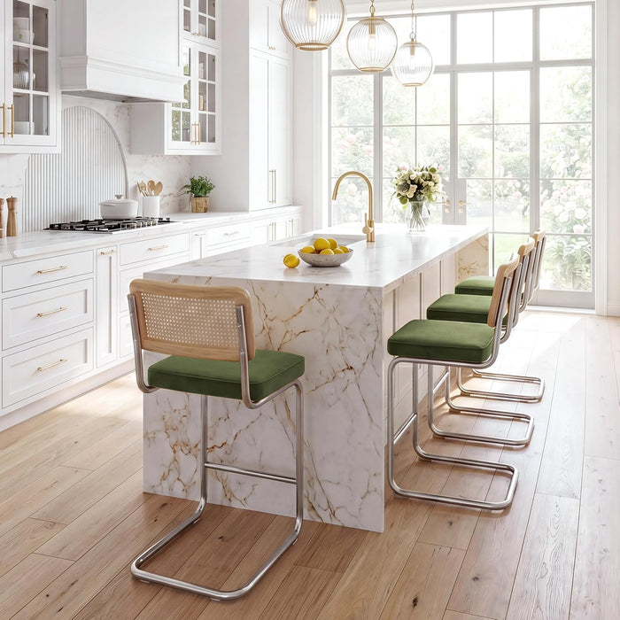 Natural Rattan Counter Stools Set of 2, 26" Modern Boho Barstools | Mid Century Modern Bar Stools with Cane Mesh & Chrome Legs, Vintage Velvet Fabric Counter Height Chairs for Kitchen, Green