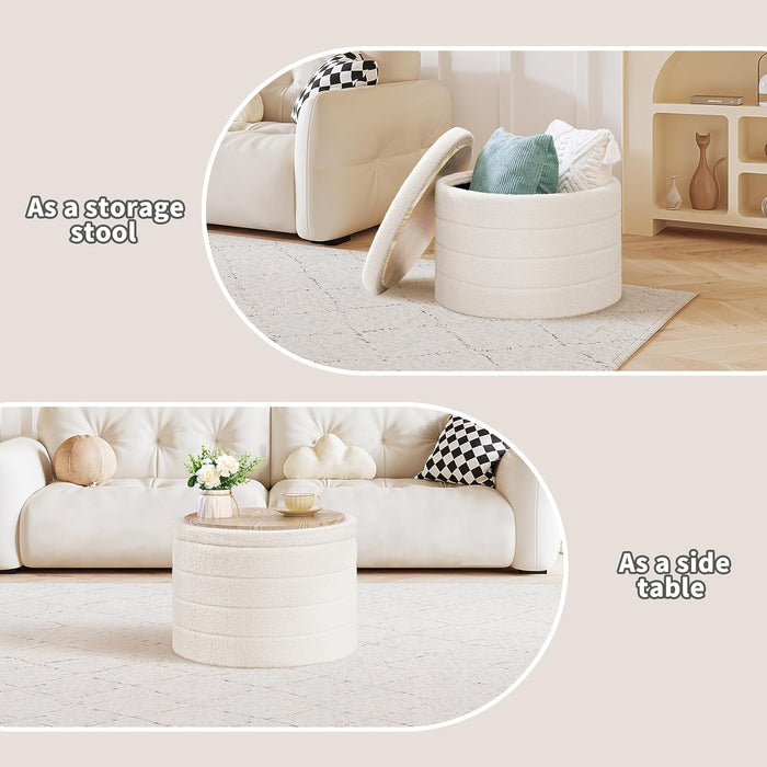 round Ottoman with Stroage, Boucle Storage, Foot Stool Foldable Coffee Table Ottoman for Living Room, Bedroom, Dorm (White)