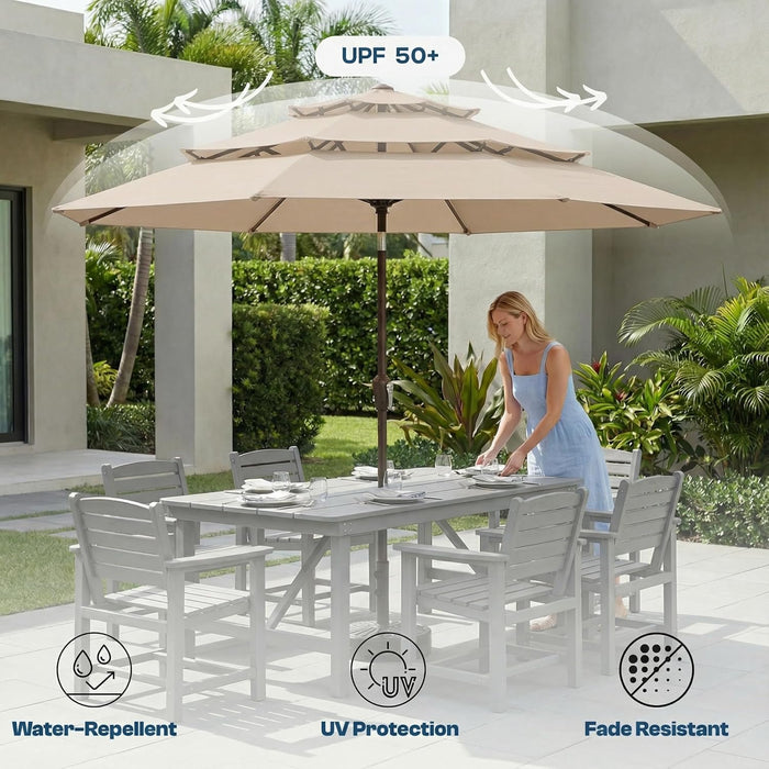 10Ft Patio Umbrella, 3 Tier Outdoor Market Table Umbrellas with 8 Fiberglass Ribs and Push Button Tilt, Windproof, Vented Canopy, UV Protection for Deck, Pool, Backyard