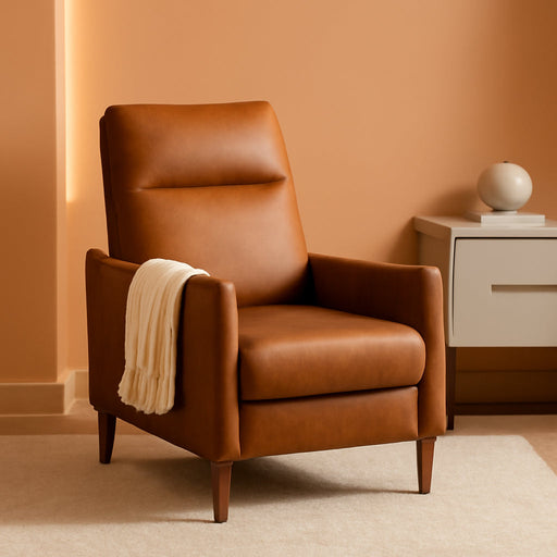 Arthur Recliner Chair with 3 Positions, Accent Chair, Mid Century Modern Reading Chair, High Back Padded Support Comfy Sleeper Armchair (Pecan Brown Faux Leather)