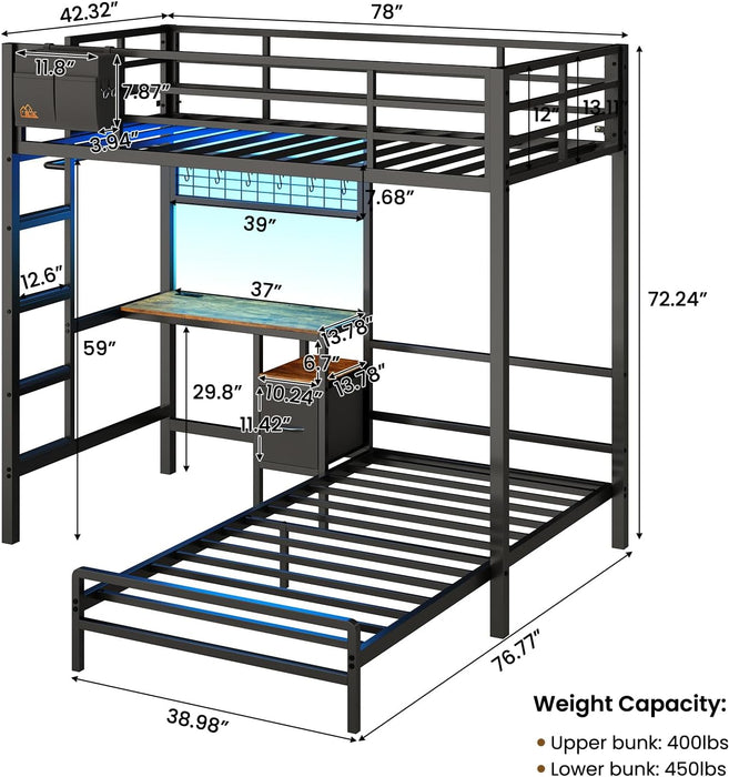 Twin Over Twin Bunk Bed WithDeskIntegrated LEDLighting