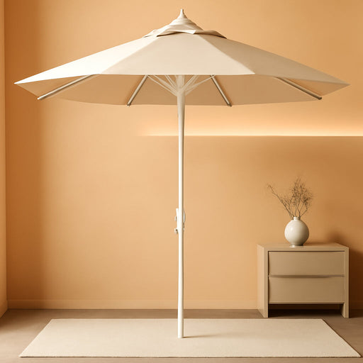 9' round Aluminum Market Umbrella, Crank Lift, Push Button Tilt, White Pole, Antique Beige Olefin