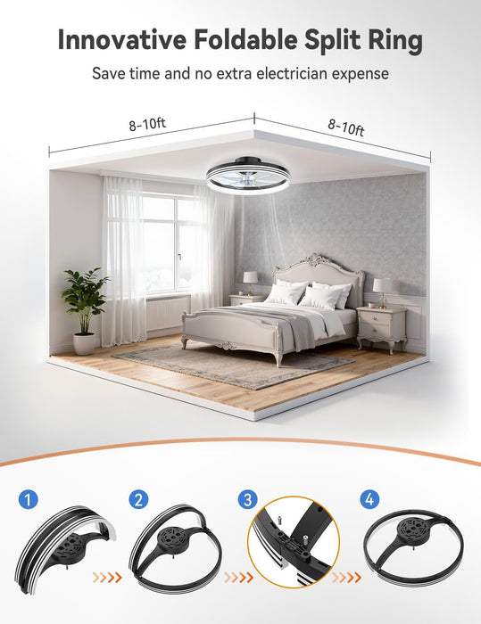Modern Bladeless Ceiling Fans with Lights, Small Fandelier Bedroom Ceiling Fan - Low Profile LED Fan Light with Remote APP, Flush Mount, Dimmable, DC Motor, 6 Speeds, Timer (18 Inch, Black)