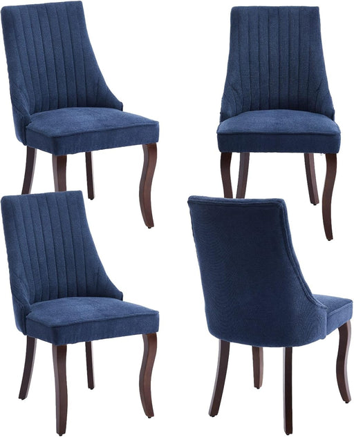 Linen Dining Chairs Set of 4,Comfy Fabric Upholstered Accent Chairs for Kitchen Living Room,Channel Tufted Dining Room Chairs with Curved Solid Wood Legs(Blue)