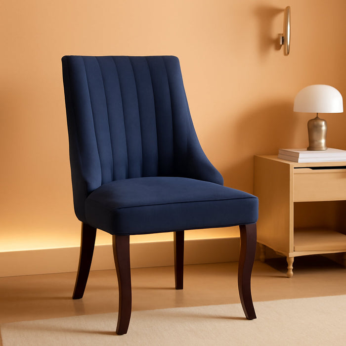 Linen Dining Chairs Set of 4,Comfy Fabric Upholstered Accent Chairs for Kitchen Living Room,Channel Tufted Dining Room Chairs with Curved Solid Wood Legs(Blue)