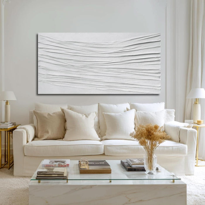 White Textured Abstract Wall Art Canvas 24X48 Inch, Hand Painted Minimalist Neutral 3D Plaster Style Artwork for Living Room Bedroom, Modern Large Canvas Wall Decor, Gallery Wrapped Ready to Hang