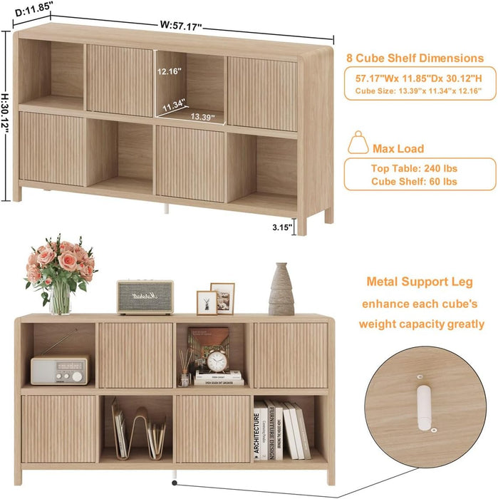 8 Cube Storage Organizer Bookshelf with Storage, 57 Inch Horizontal Bookcase with 4 Doors, Long Wooden Book Shelf for Living Room, Home Office (Light Walnut)