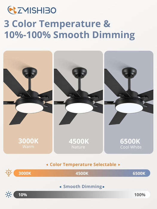 52 Inch Ceiling Fans with Lights, Smart Remote/App Control, Modern Ceiling Fan with 6 Speeds & 3CCT, Dimmable 30W LED, Quiet DC Motor, Noiseless for Living Room, Bedroom, Kitchen, Black