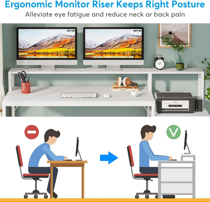 White Computer Desk with File Cabinet & Monitor Stand