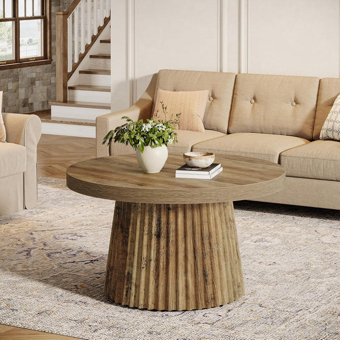 Coffee Table, 31.5" Small Farmhouse round Coffee Tables with Fluted Drum Base, Mid Century Modern Boho Accent Center Table for Living Room, Apartment, Small Space, Brown