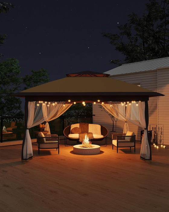 Canopy Tent 12X12 Ft, Pop up Gazebo One-Push Setup with 4 Sandbags for Backyard Parties and Bbqs, Mosquito Netting & Height Adjustable - Khaki & Coffee