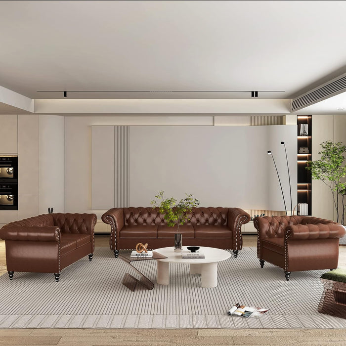 3 Piece Living Room Set, Sectional Chesterfield Sofa Chair Contemporary Upholstered Leather Loveseat Couch Sets for Living Room, Bedroom, Office