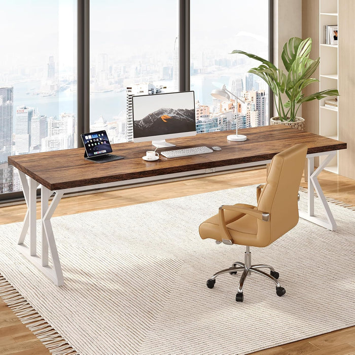 78.7 Inch Large Executive Desk, Modern Computer Office Desk, Wooden Writing Desk Study Table for Home Office, Rustic Brown-White