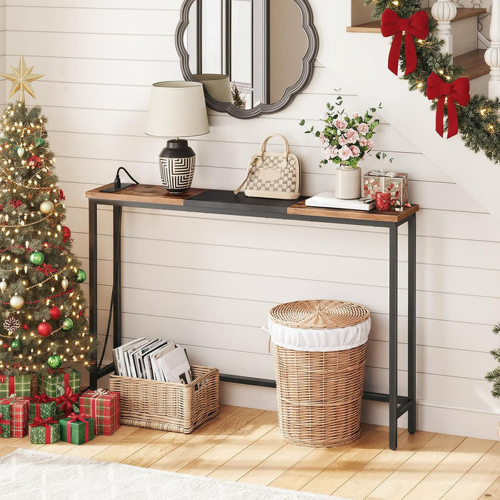 Narrow Console Table with Power Outlets, 44.9 Inches Sofa Table, Slim behind Couch Table, Entryway Table with Display Shelf, for Living Room, Foyer, Hallway, Rustic Brown and Black BF114UXG01
