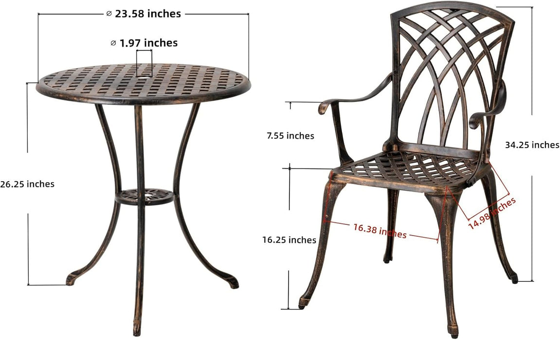 Bistro Set 3 Piece Rustproof Cast Aluminum Patio Furniture Sets round Table with Umbrella Hole for Outdoor, Patio, Balcony, Bronze
