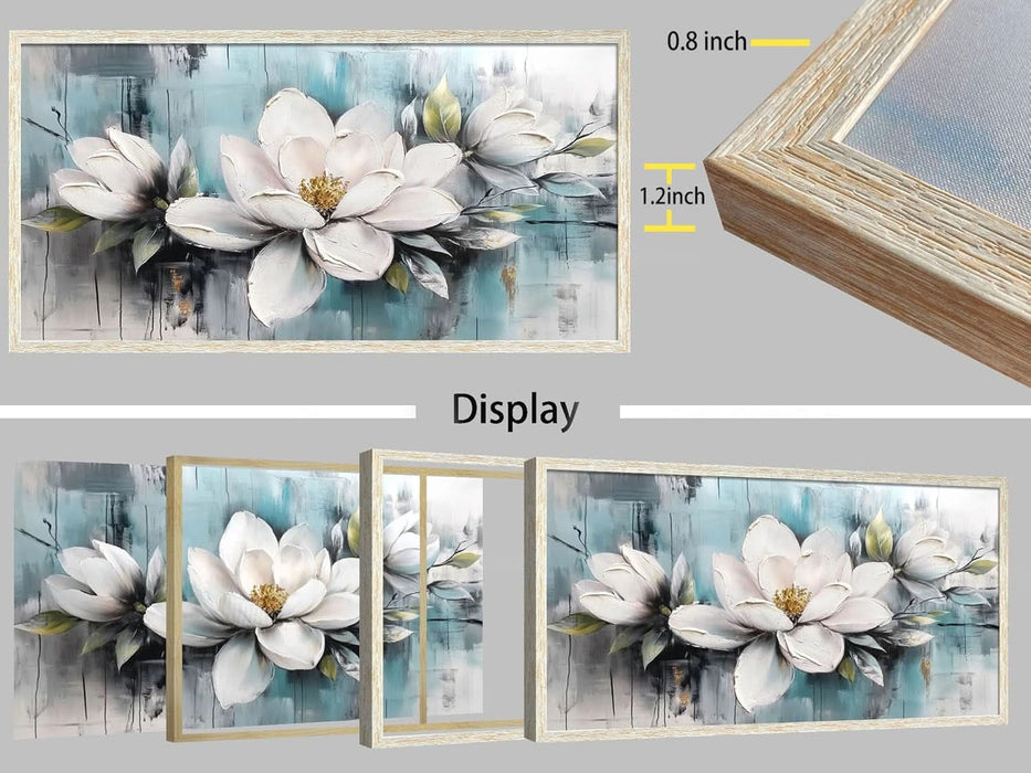 Magnolia Wall Art Framed Canvas Wall Decor Living Room, White Floral Picture Wall Decor Teal Painting Flower Textured Artwork for Bedroom Dining Room Home Office 40"X20"