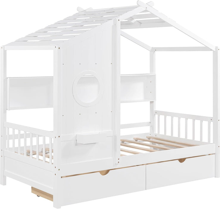 White Twin HouseShaped Bed Frame With StorageSpace
