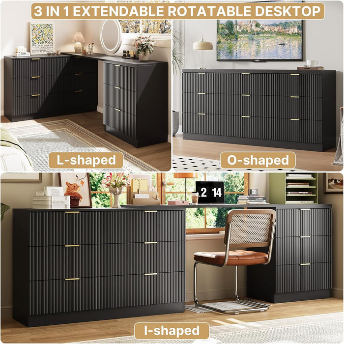 L-Shaped Rotatable 9 Drawer Dresser for Bedroom, 71" Wide Deformable Black Dresser with Gold Metal Handles, Modern Fluted Chest of Drawers for Bedroom, Living Room, Entryway, Hallway