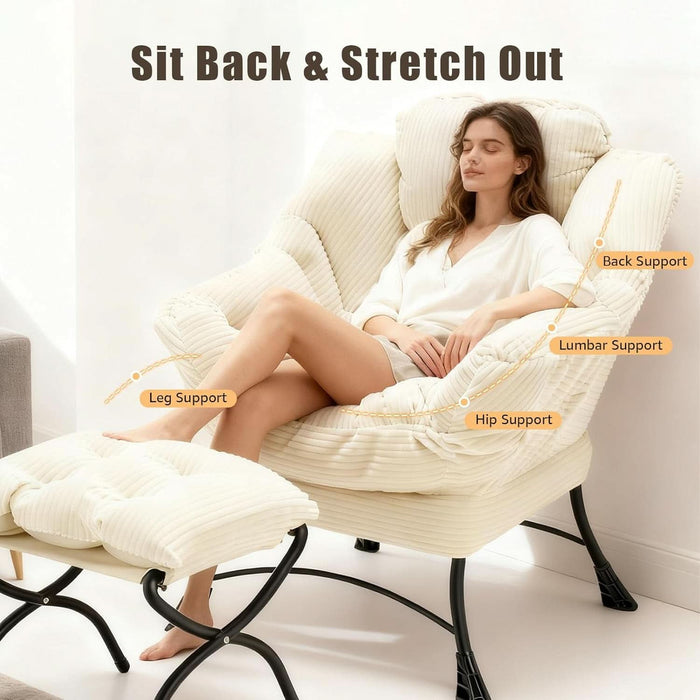 Large Lazy Chair and Ottoman for Adults, Accent Chair Oversized Lounge Armchair with Side Pocket & Footrest, Comfy Reading Chair Leisure Sofa for Bedroom, Living Room, Office (Corduroy, White, Single)