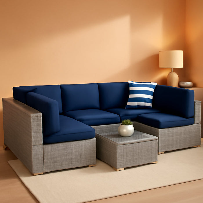 7-Piece Modular Outdoor Sectional Wicker Patio Conversation Set W/ 2 Pillows, Coffee Table, Cover Included - Gray/Navy