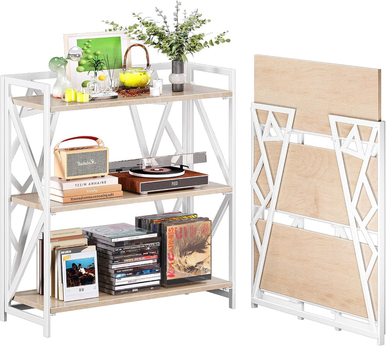 No Assembly Wide Folding Bookshelf, 34" H X 30.9" W, 3 Tier Foldable Book Shelf Industrial Bookcase, Vintage Collapsible Storage Shelves for Home Office Living Room Bedroom, Light Oak White