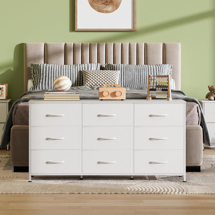 47''W Dresser for Bedroom, White Dresser TV Stand for 45, 50, 55 Inch TV, Wide Chest of Drawers with 9 Drawer, Large Entertainment Center, Fabric Dressers with Wood Top for Closet, Living Room