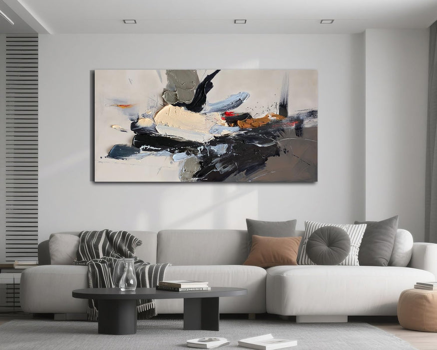 Abstract Canvas Wall Art Textured Extra Large 58“X29” Framed- Black Beige Brush Strokes Painting, Modern Splatter Artwork for Living Room Bedroom Home Office Luxury Wall Decor
