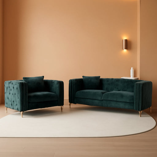 2 Pieces Chenille Living Room Furniture Sofa Couch Set,Button Tufted Comfy Couch with Nailhead Trim&Metal Legs,Mid Century Modern Couch and Loveseat Sets for Living Room(Loveseat+3 Seater Sofa,Green)