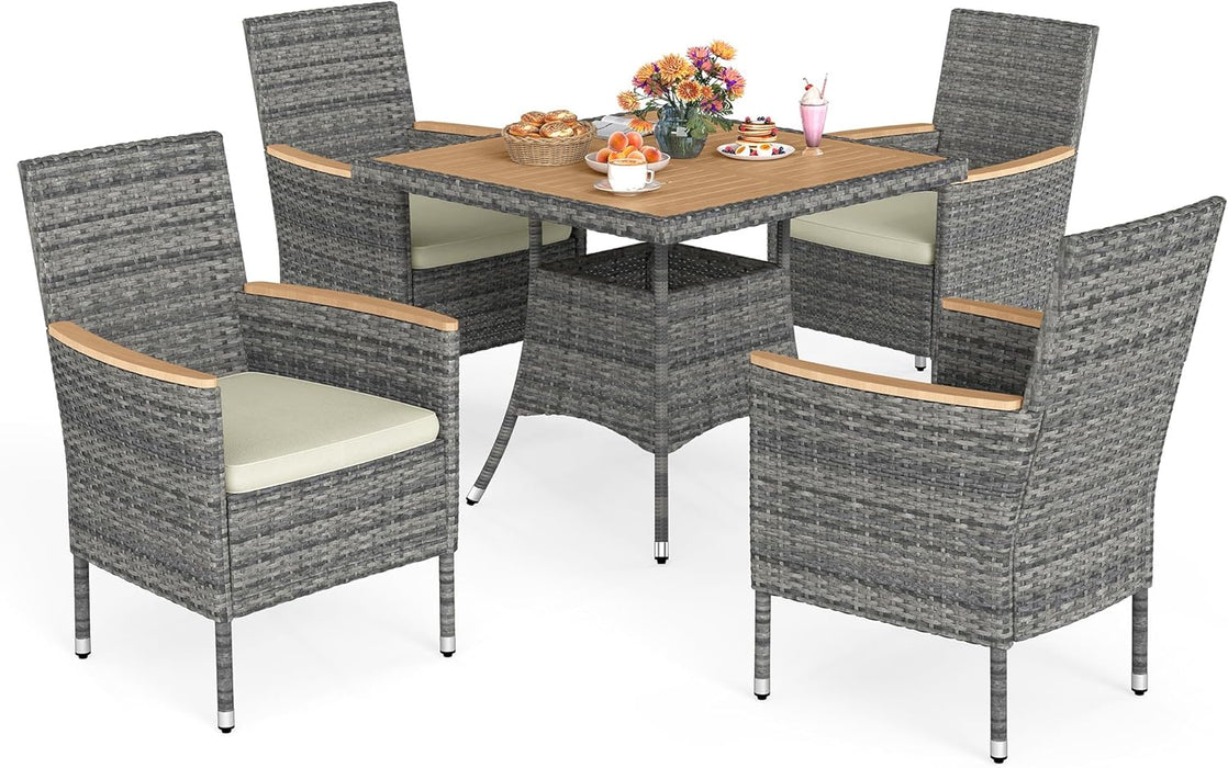 Patio Dining Sets for 4, All Weather Rattan Outdoor Table and Chairs with Acacia Wood Tabletop, Patio Dining Furniture with Removable Cushions for Deck Garden, Backyard, Gray