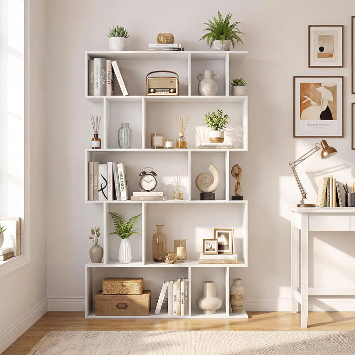 5-Tier Bookshelf, 10-Cube White Geometric Bookcase with 5 Closed-Back Cubbies, Anti-Toppling Kits, Open Display Storage Shelf for Living Room, Home Office, Bedroom