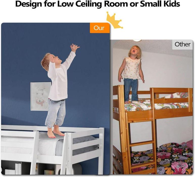 47'' Tall Junior Low Loft Bed with Stairs, White Wood Loft Bed Twin Size for Adults, Kids and Young Teens, No Box Spring Required,Wood Slat Support